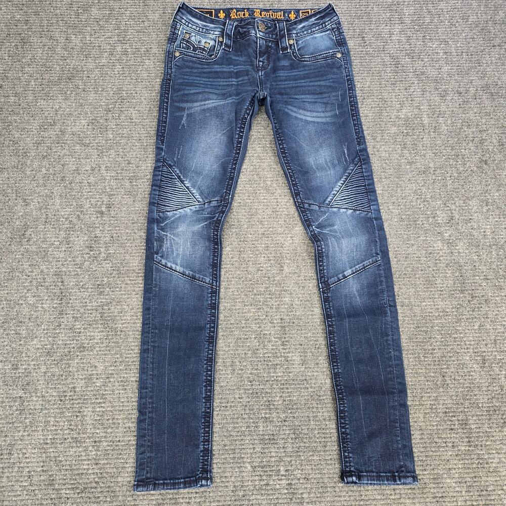 Rock Revival Mena Skinny Jeans Womens 25x31 Blue Moto Biker Distressed Denim